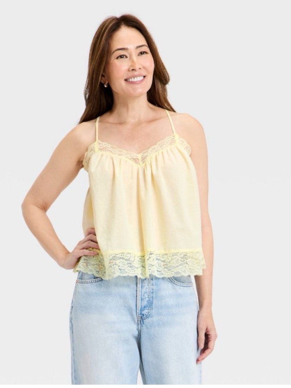 Lace-Trim Spaghetti Strap Cami Tank Top - Light Yellow